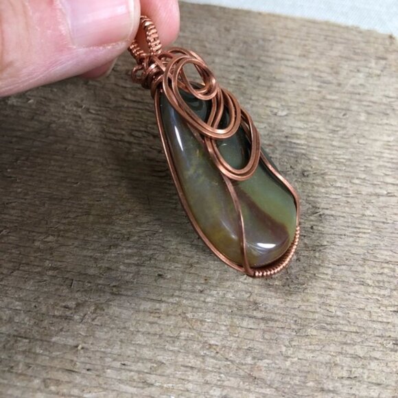 Copper Wire Wrapped Jasper Necklace Pendant - Picture 2 of 4